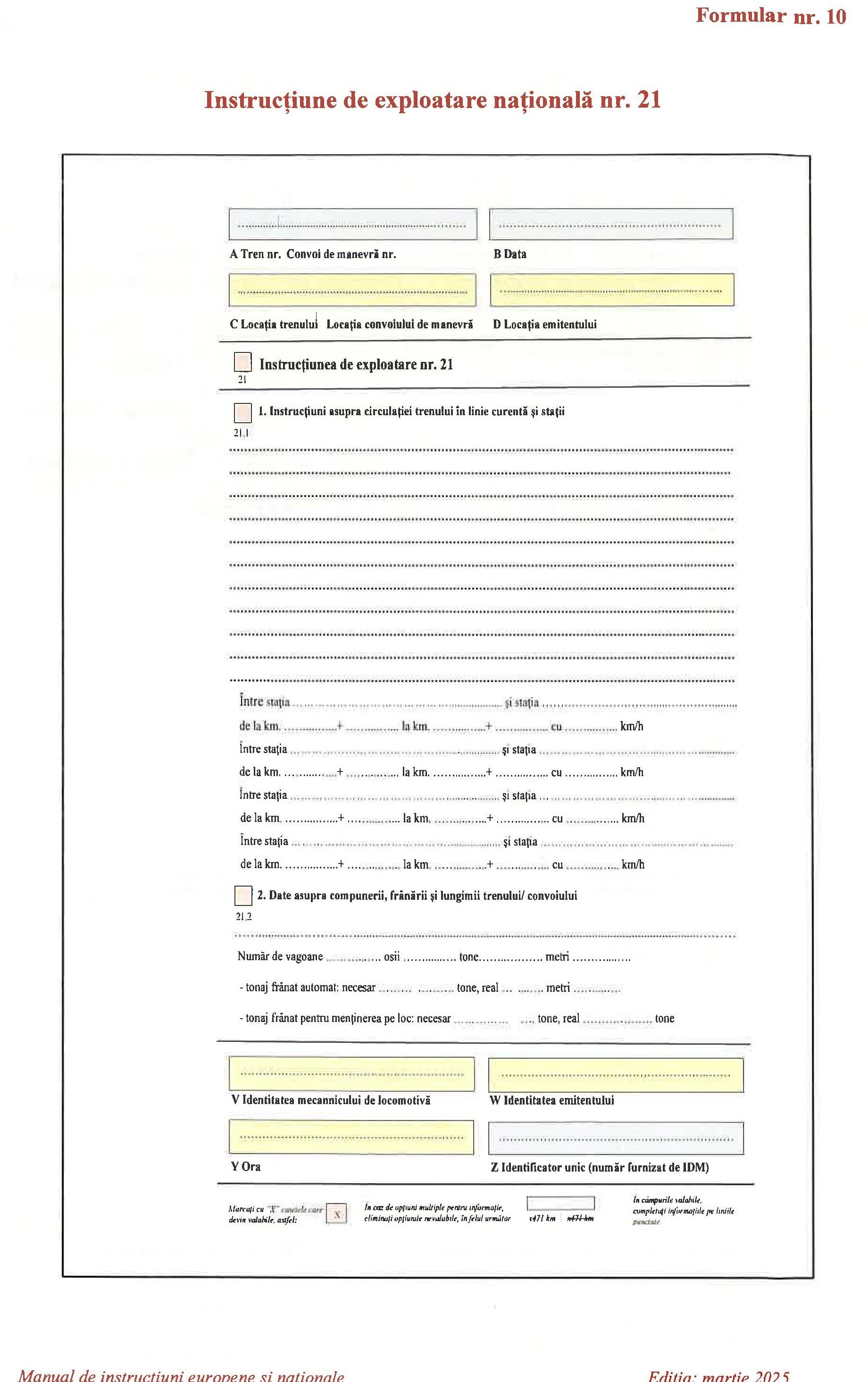 Instrucțiune de exploatare națională nr. 21 — formular nr. 10